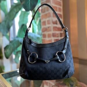 GUCCI Horsebit Black GG Canvas Shoulder Bag